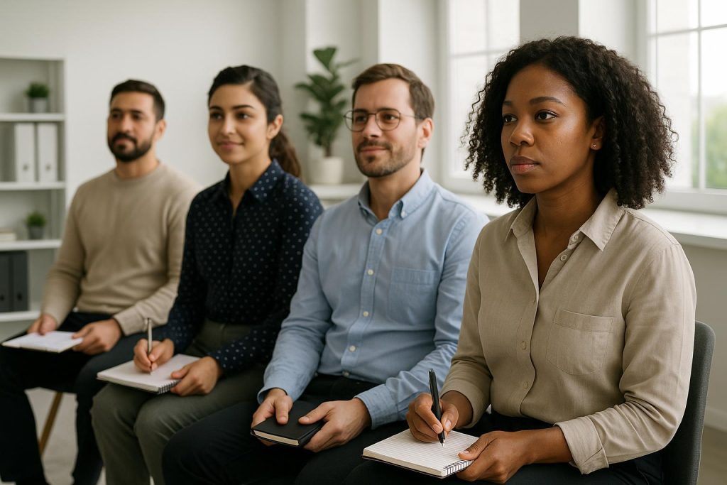 Group of employees gathered for harassment prevention training in an office.