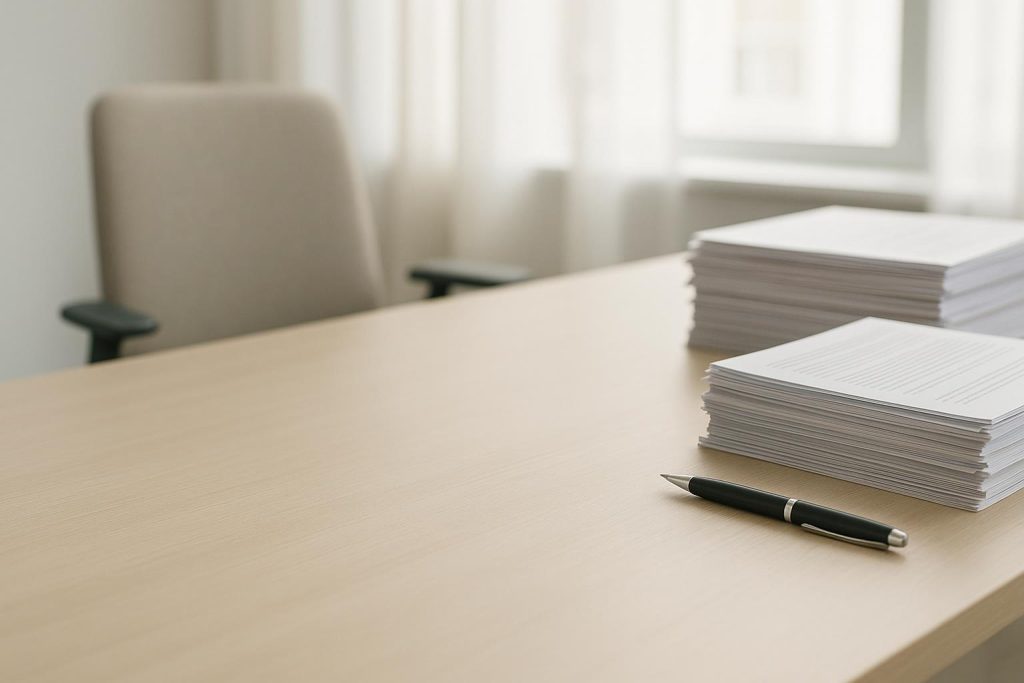 Organized desk documents illustrating workplace investigation record consistency.