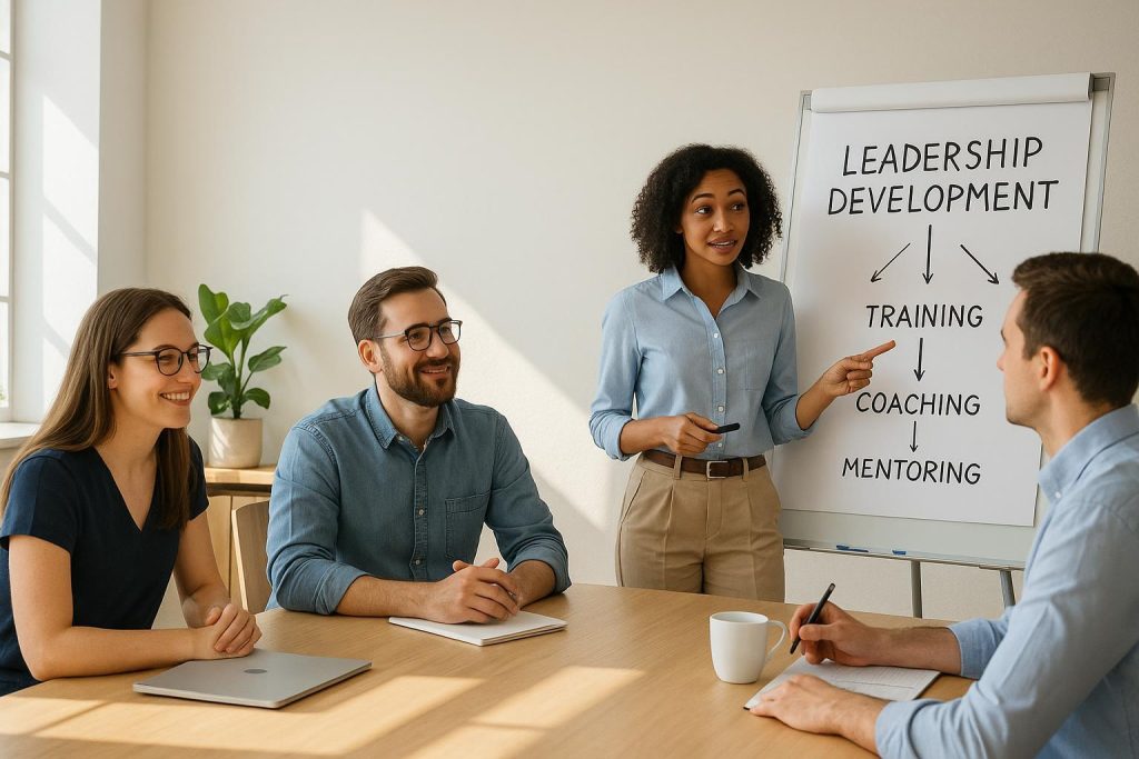 Professionals in a modern office discussing leadership development for strategic HR growth.