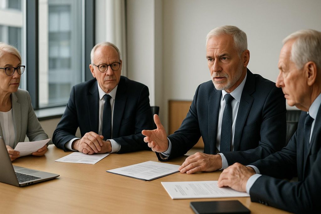 Business leaders in a modern office reviewing policy documents to align with compliance requirements.