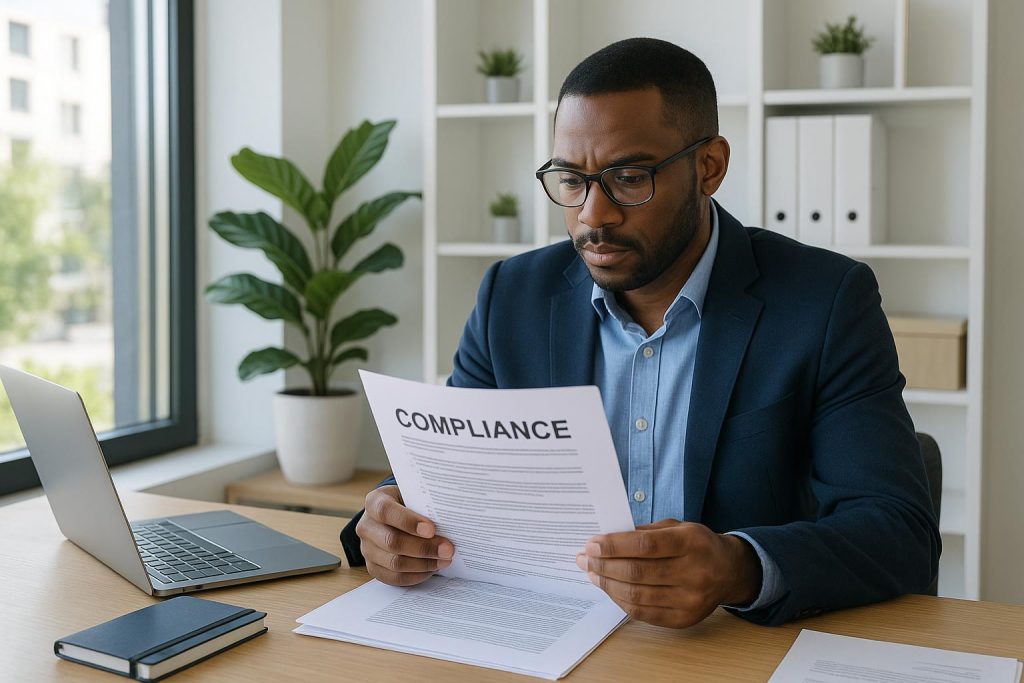 Close-up of a professional reviewing compliance documents at a desk in a well-lit office.