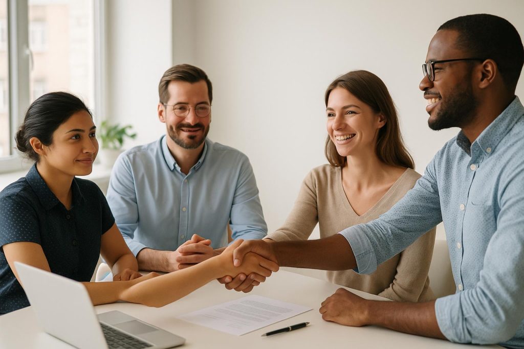 Diverse team members shaking hands in a bright office, illustrating sustainable workplace expansion.
