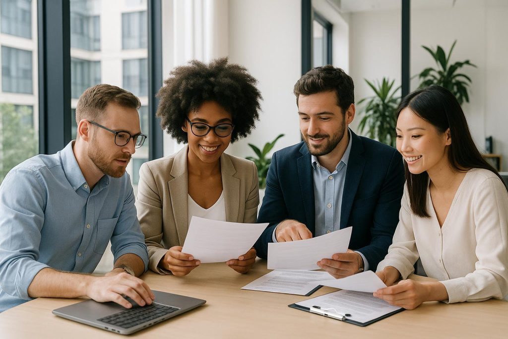 Professionals discussing workplace assessments for compliance dispute mediation in a bright office