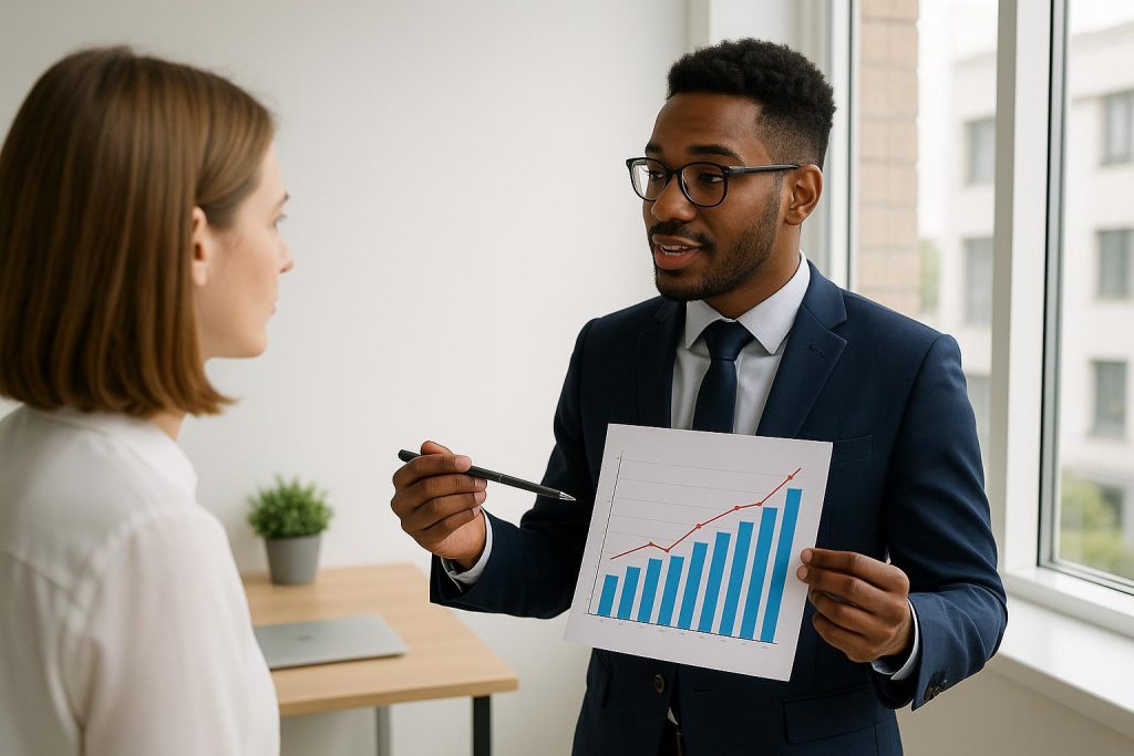 Professionals in a bright office reviewing data for workplace assessments.