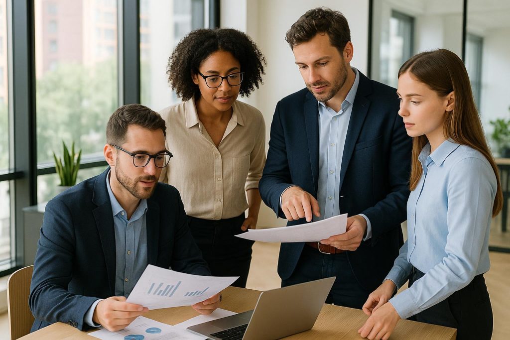 Professionals in a modern office discussing regulatory changes collaboratively.