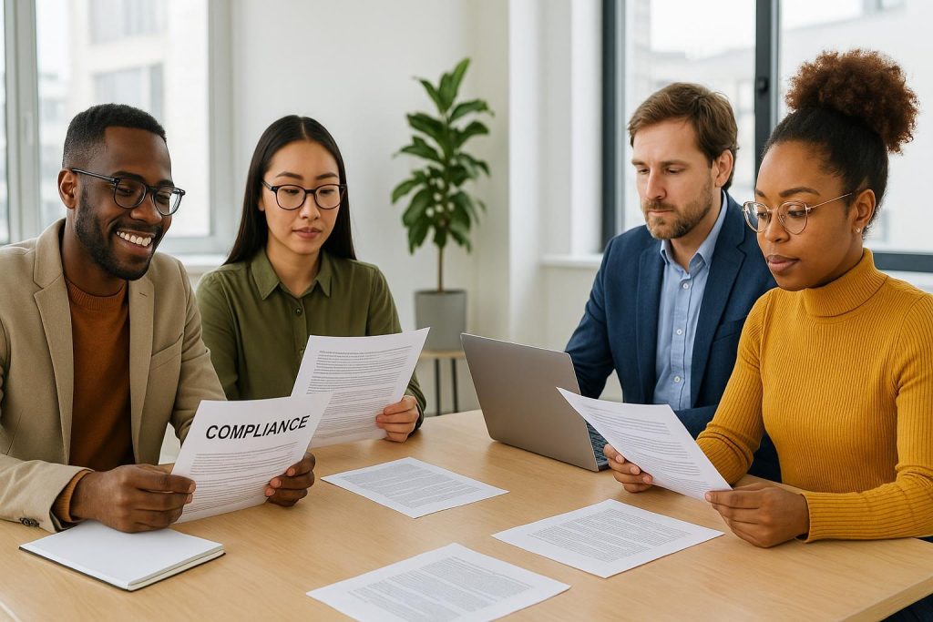 Diverse team discussing compliance steps for a regulatory adherence review